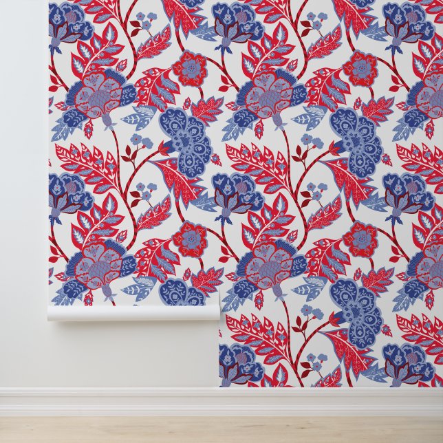 Rood Wit & Blauw Indisch Bloemen Patroon Behang (Applicatie)