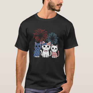Rood Wit Blauw Kat USA Vlag Vuurwerk 4th of July S T-shirt
