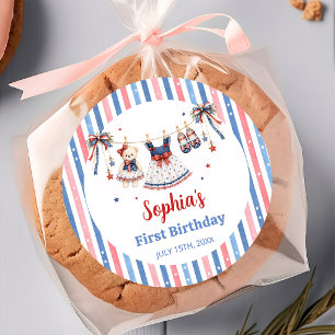 Rood Wit & Blauw Kleren Meisje Verjaardagssticker Ronde Sticker