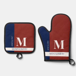 Rood Wit Blauw Kleurblok Monogram Ovenwant & Pannenlap Set