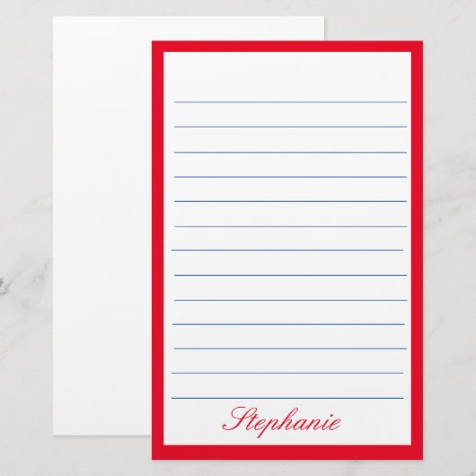 Rood Wit Blauw Lijnen Lijsten Monogram Namen Briefpapier (Voorkant / Achterkant)