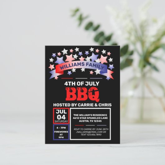 Rood wit & blauw lint & sterren op 4 juli BBQ Briefkaart (Staand voorkant)