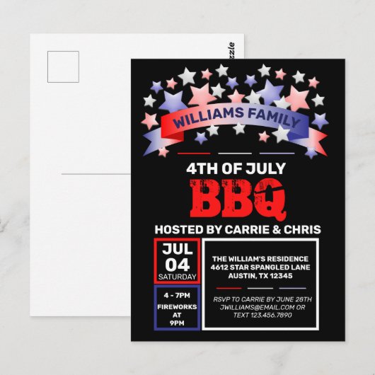 Rood wit & blauw lint & sterren op 4 juli BBQ Briefkaart (Voorkant / Achterkant)