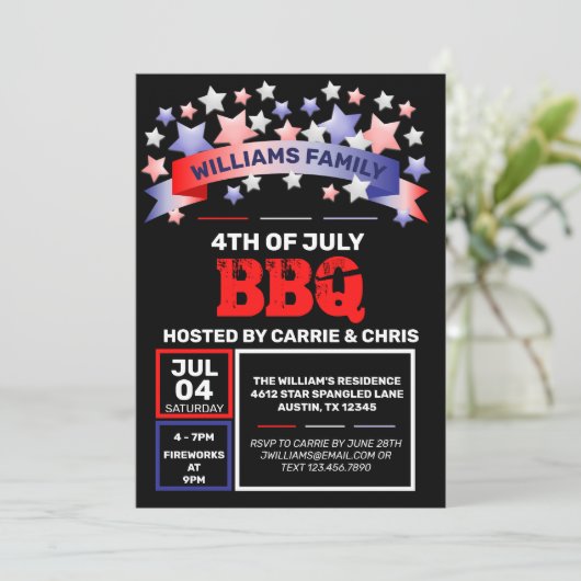 Rood wit & blauw lint & sterren op 4 juli BBQ Kaart (Staand voorkant)
