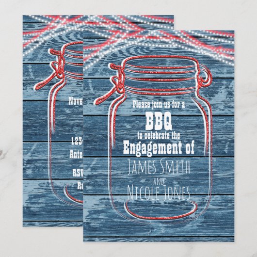 Rood Wit & Blauw Mason Jar Rustieke Uitnodigingen (Voorkant / Achterkant)