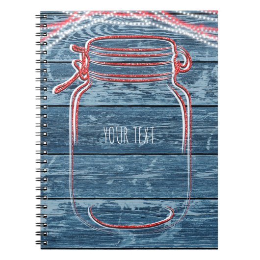 Rood Wit & Blauw Mason Jar & String Lights Rustiek Notitieboek (Voorkant)