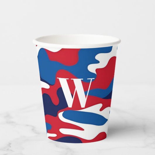 Rood Wit Blauw Monogram Patriottisch Camo Papieren Bekers (Voorkant)