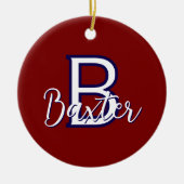 Rood Wit & Blauw Naam en Monogram Gepersonaliseerd Keramisch Ornament (Voorkant)