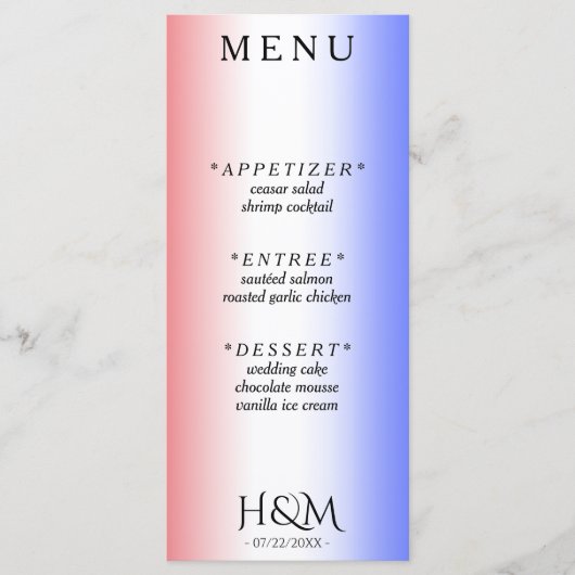 Rood Wit & Blauw Ombre Diner Bruiloft Receptie Menu (Voorkant)