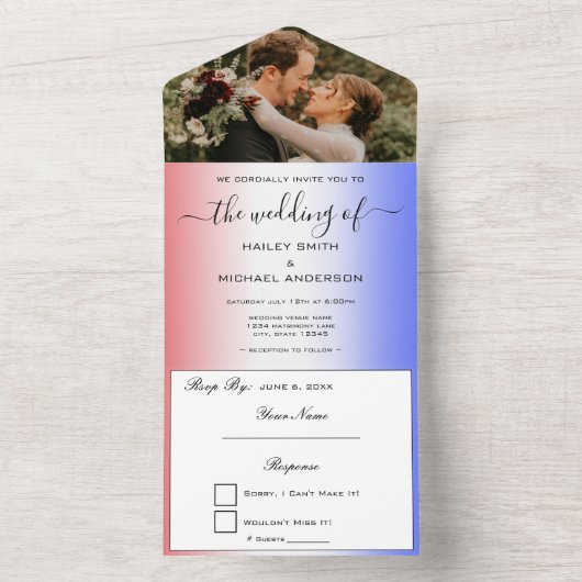 Rood Wit & Blauw Ombre Moderne foto bruiloft All In One Uitnodiging (Binnen)