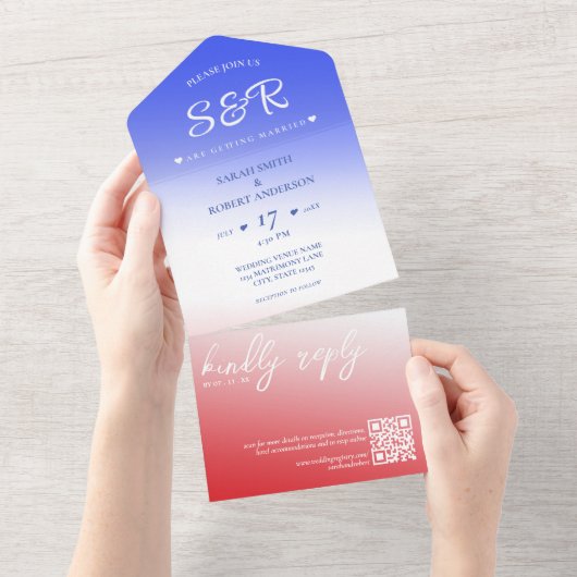 Rood Wit & Blauw Ombre QR Code Bruiloft All In One Uitnodiging (Afscheurbaar)
