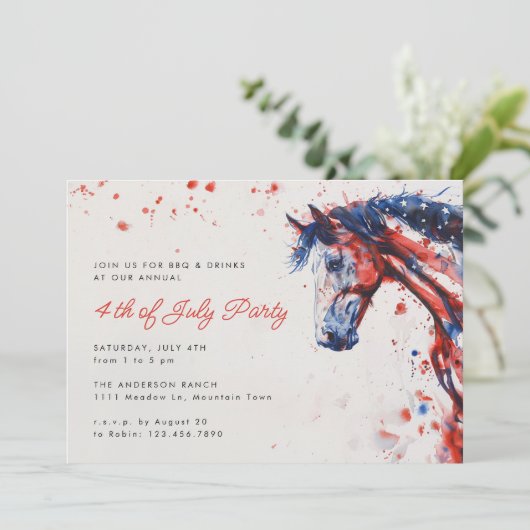 Rood Wit Blauw Paard Ruitersport 4th van Juli Fees Kaart (Staand voorkant)