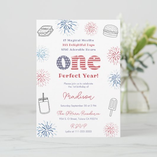 Rood Wit Blauw Perfect Jaar 1e Verjaardagsfeestje Kaart (Staand voorkant)