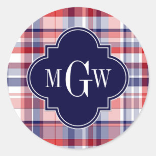 Rood Wit Blauw Preppy Madras Monogram Ronde Sticker