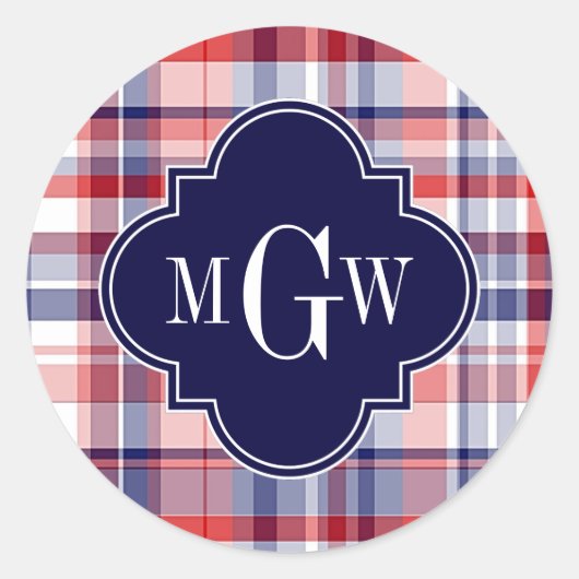 Rood Wit Blauw Preppy Madras Monogram Ronde Sticker (Voorkant)