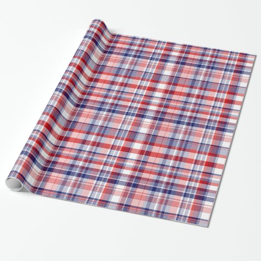 Rood, Wit, Blauw Preppy Madras Plaid Cadeaupapier (Uitgerold)