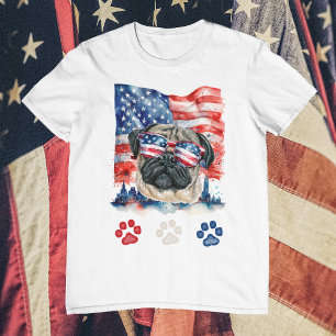 Rood Wit Blauw Pug Hond American Pet 4th van Juli T-shirt