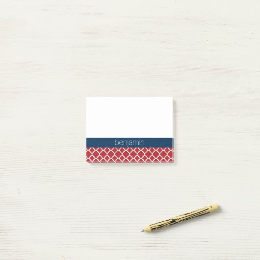 Rood wit blauw quatrefoil patroon post-it® notes (Op bureau)