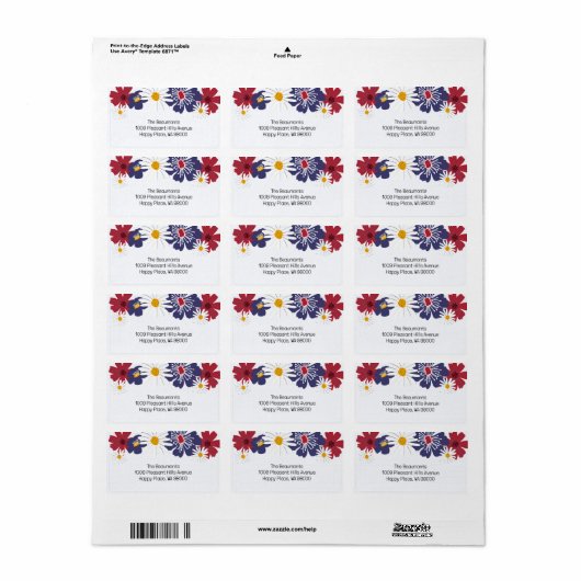 Rood Wit Blauw Retro Bloemen Zomer Etiket (Full Sheet)