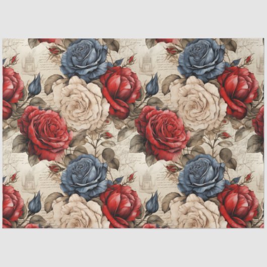 Rood Wit & Blauw Rozen  Geïnspireerd Decoupage Tissuepapier (Voorkant)