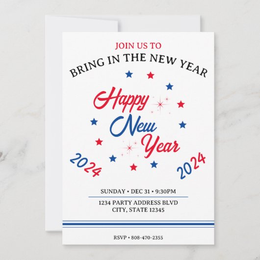 Rood Wit & Blauw Ster Gelukkig Nieuwjaar 2024 Kaart (Voorkant)