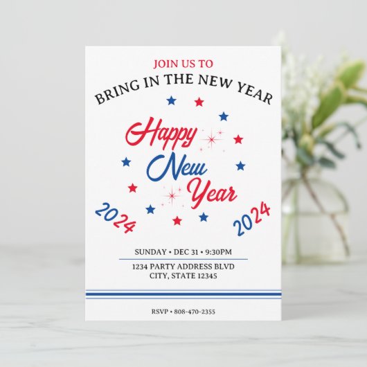 Rood Wit & Blauw Ster Gelukkig Nieuwjaar 2024 Kaart (Staand voorkant)