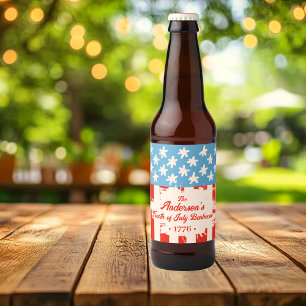 Rood Wit &Blauw Ster & Streep Familienaam Barbecue Bier Etiket