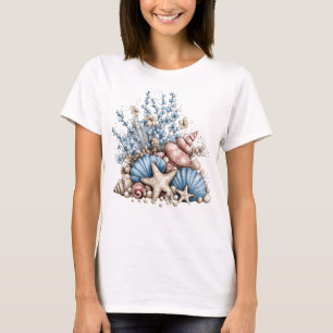ROOD WIT BLAUW TROPISCHE SCHELPEN & PLANTEN T-SHIRT