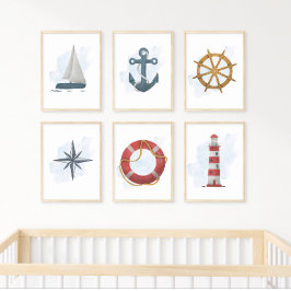 Rood Wit Blauw Vuurtoren Nautilus Oceaan Thema Poster