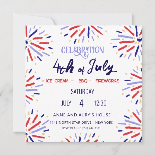 Rood Wit Blauw Vuurwerk 4 Juli Zomerfeest Kaart (Voorkant)