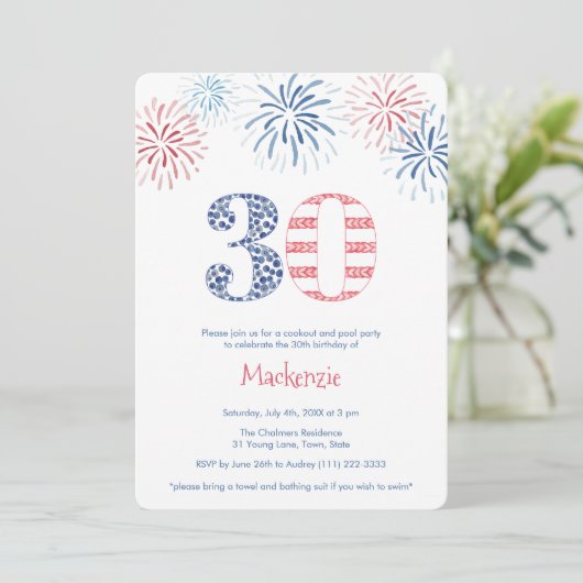 Rood Wit Blauw Vuurwerk BBQ 30ste Verjaardagsfeest Kaart (Staand voorkant)