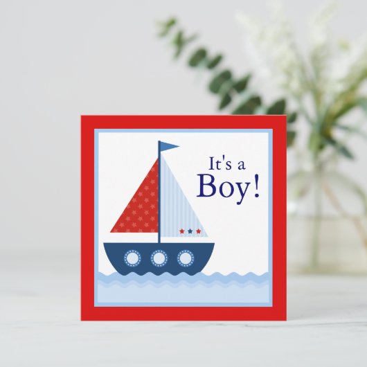 Rood Wit Blauw Zeilboot Nautisch Baby shower Kaart (Staand voorkant)