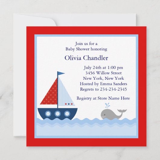 Rood Wit Blauw Zeilboot Nautisch Baby shower Kaart (Achterkant)