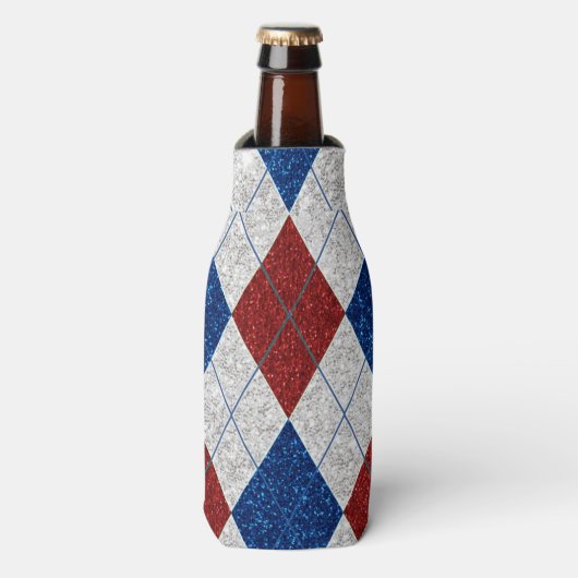 Rood, Wit, Blauwe Argyle 4 Juli Glitters Flesjeskoeler (Fles Voorkant)