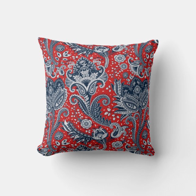 Rood Wit & Blauwe Bloemige Paisley Boheemse Boho Kussen (Voorkant)