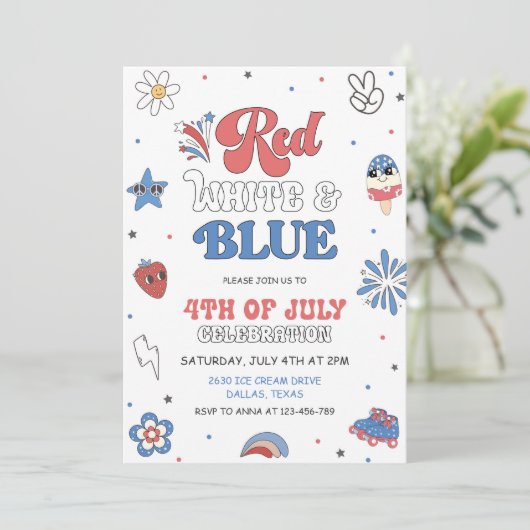 Rood Wit Blauwe Feest, Feest in de VS Uitnodiging (Staand voorkant)