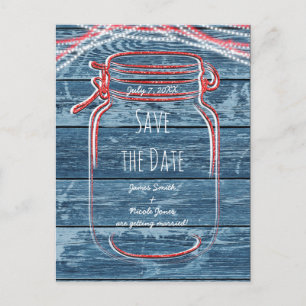 Rood Wit & Blauwe Mason Jar & Lichtjes Save The Da Aankondigingskaart