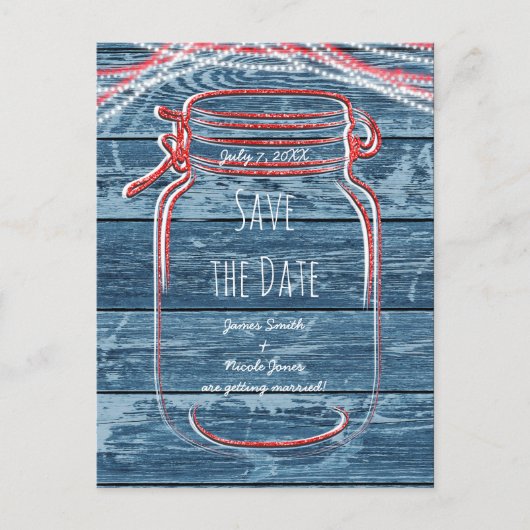 Rood Wit & Blauwe Mason Jar & Lichtjes Save The Da Aankondigingskaart (Voorkant)