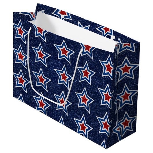 Rood, Wit, Blauwe Ster 4 Juli Glitter Groot Cadeauzakje (Voorkant Gekanteld)