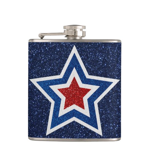 Rood, Wit, Blauwe Ster 4 Juli Glitter Heupfles (Voorkant)