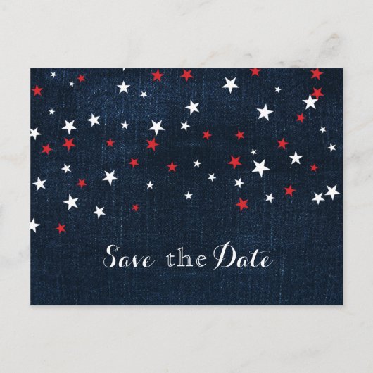 Rood Wit & Blauwe Sterren Denim Save the Date Fees Aankondigingskaart (Voorkant)