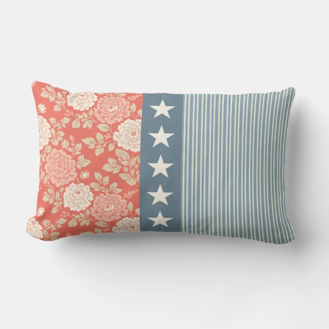 Rood Wit Blauwe Streep Blokprint Sterren Kussen (Voorkant)