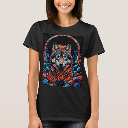 Rood, wit, blauwe wolf t-shirt (Voorkant)