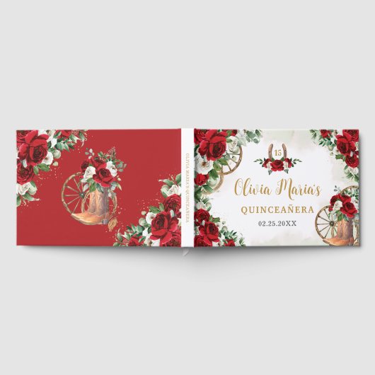 Rood Wit Bloemen Charro Cowboy laarzen Quinceanera Gastenboek (Volledig)