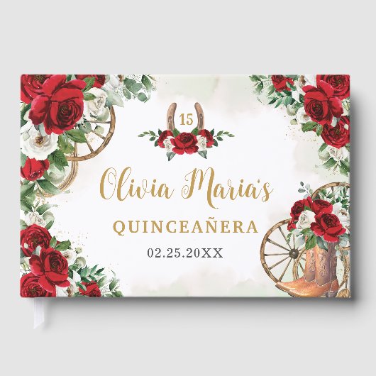 Rood Wit Bloemen Charro Cowboy laarzen Quinceanera Gastenboek (Voorkant)