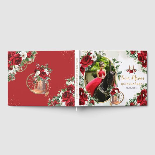 Rood Wit Bloemen Charro Laarzen Quinceanera Foto Gastenboek (Volledig)