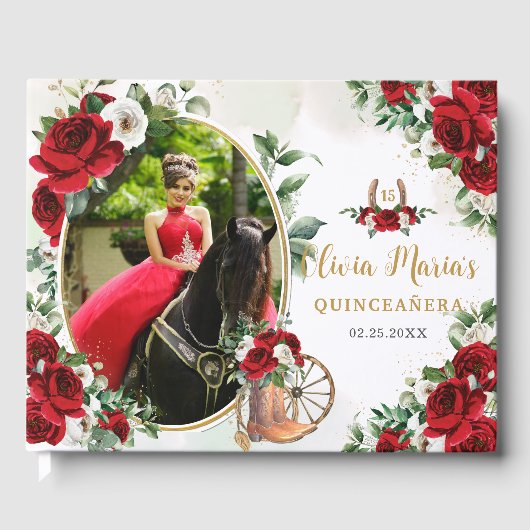Rood Wit Bloemen Charro Laarzen Quinceanera Foto Gastenboek (Voorkant)