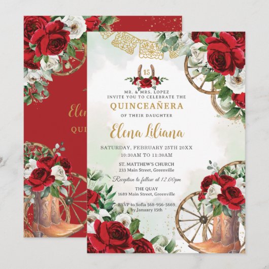 Rood Wit Bloemen Charro Laarzen Zoet 16 Quinceañer Kaart (Voorkant / Achterkant)