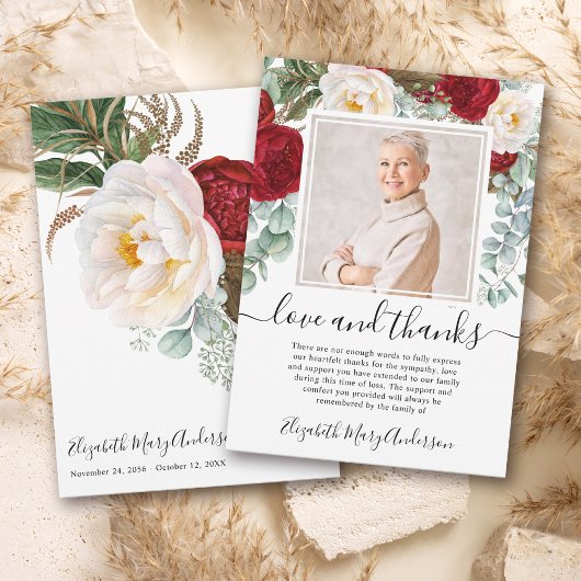 Rood Wit Bloemen Dank u Bereavement Foto Bedankkaart