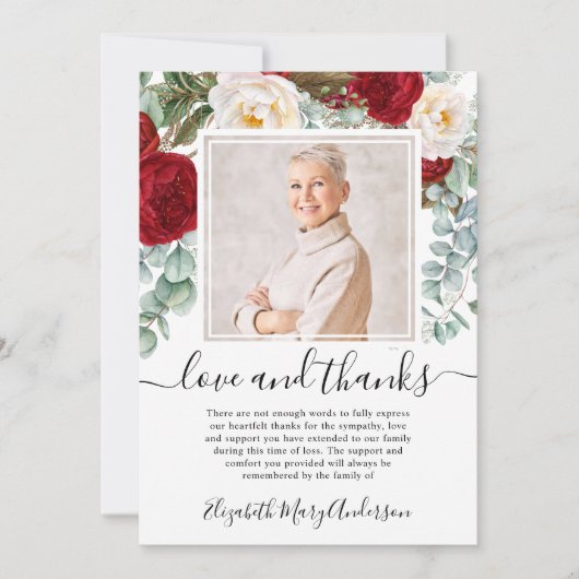Rood Wit Bloemen Dank u Bereavement Foto Bedankkaart (Voorkant)